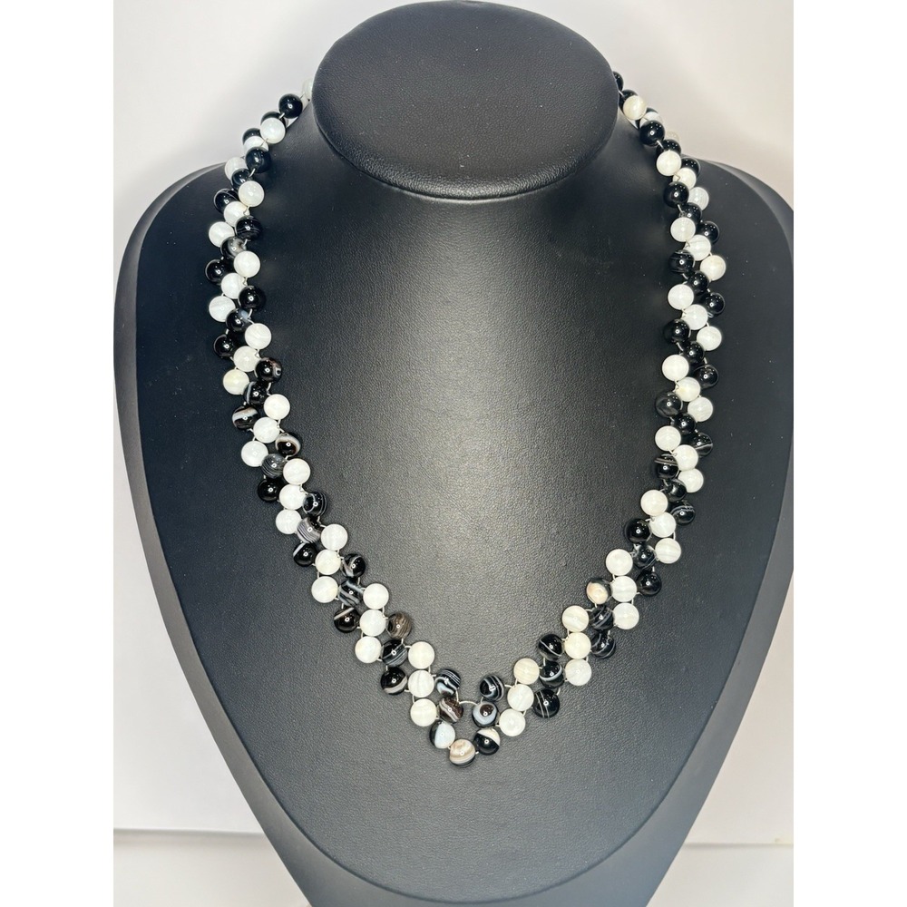 Vintage Black White Banded Agate Bead Necklace 18" Hand Knotted Gemstone